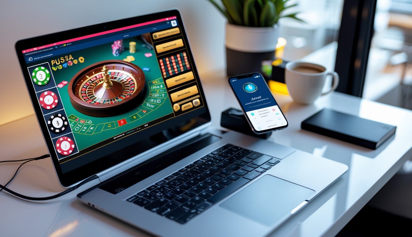 Seorang pengguna sedang melakukan transaksi deposit pulsa melalui ponsel di depan komputer yang menampilkan permainan kasino langsung.