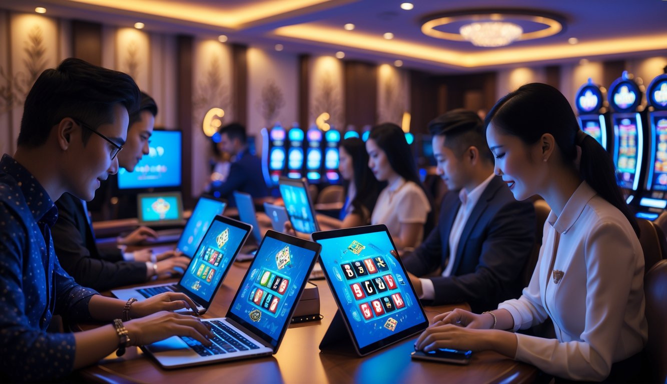 Orang-orang bermain permainan kasino online menggunakan perangkat digital di ruangan modern dengan dekorasi bernuansa Indonesia.