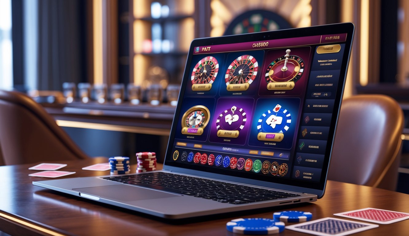 Seseorang menggunakan komputer dengan tampilan permainan kasino langsung di layar, di meja terdapat chip poker dan kartu remi.