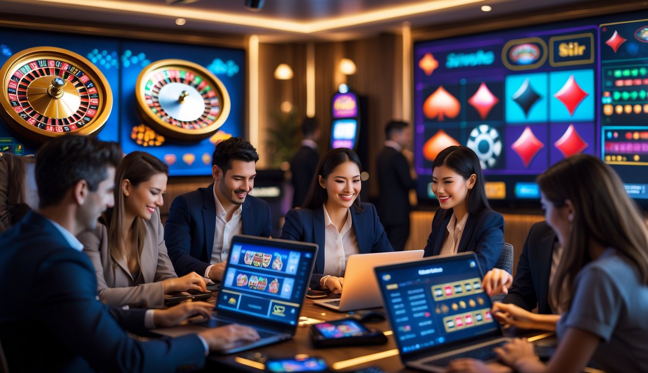 Beberapa orang menggunakan laptop dan ponsel di ruangan modern dengan layar besar menampilkan permainan kasino online.