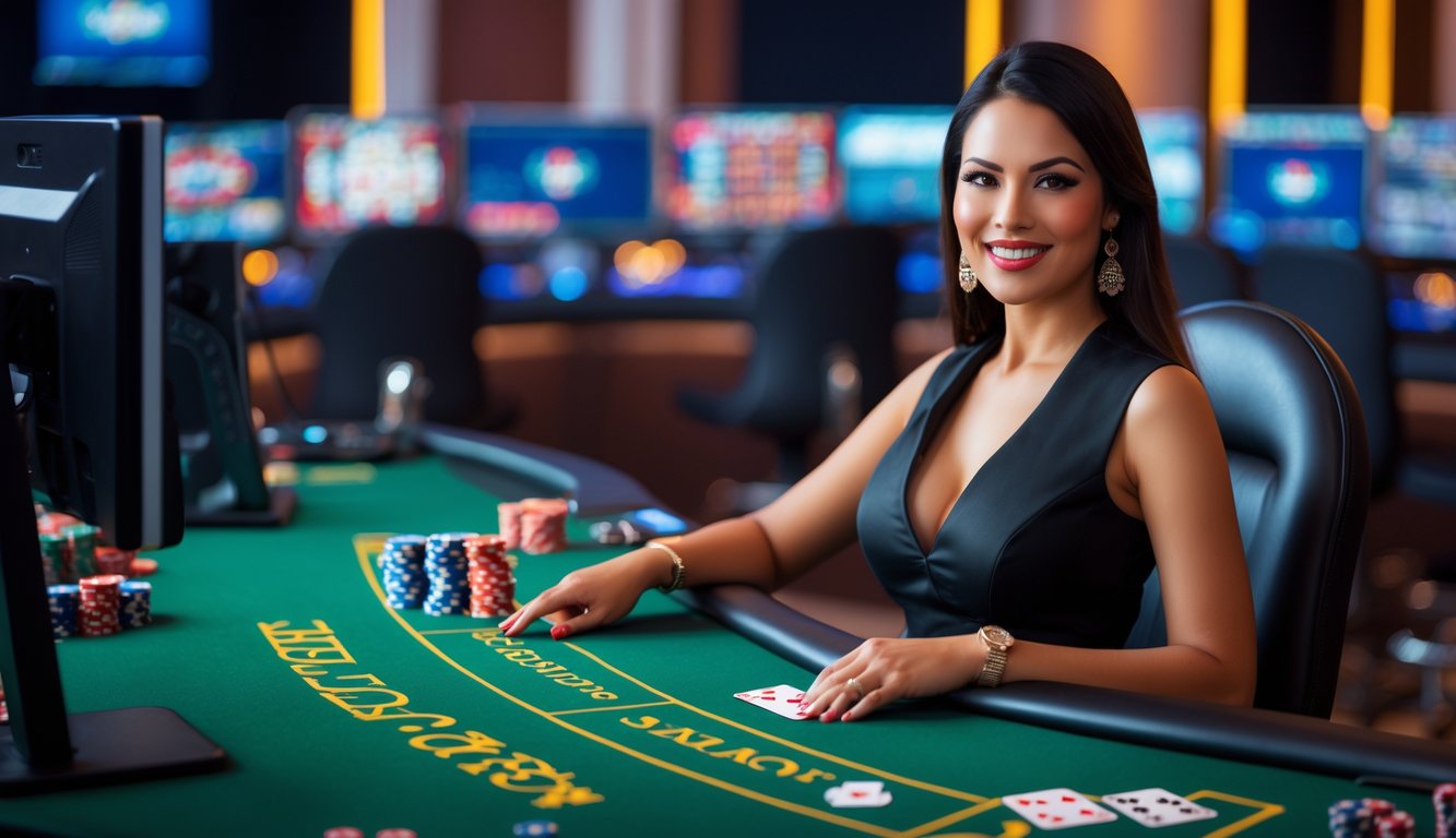 Seorang dealer kasino wanita duduk di meja permainan dengan kartu dan chip, di studio kasino online yang terang dan modern.