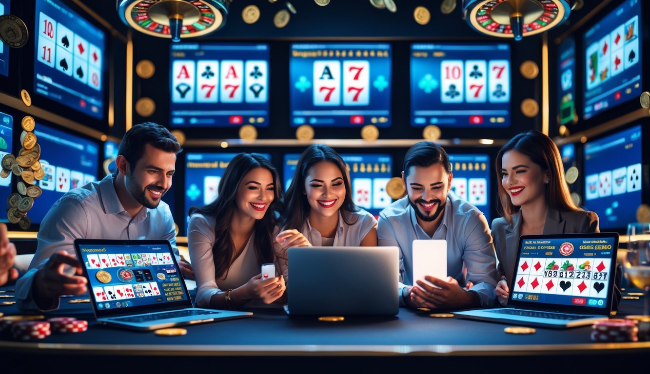 Orang-orang bermain permainan kasino online dengan laptop dan perangkat digital di lingkungan kasino modern.
