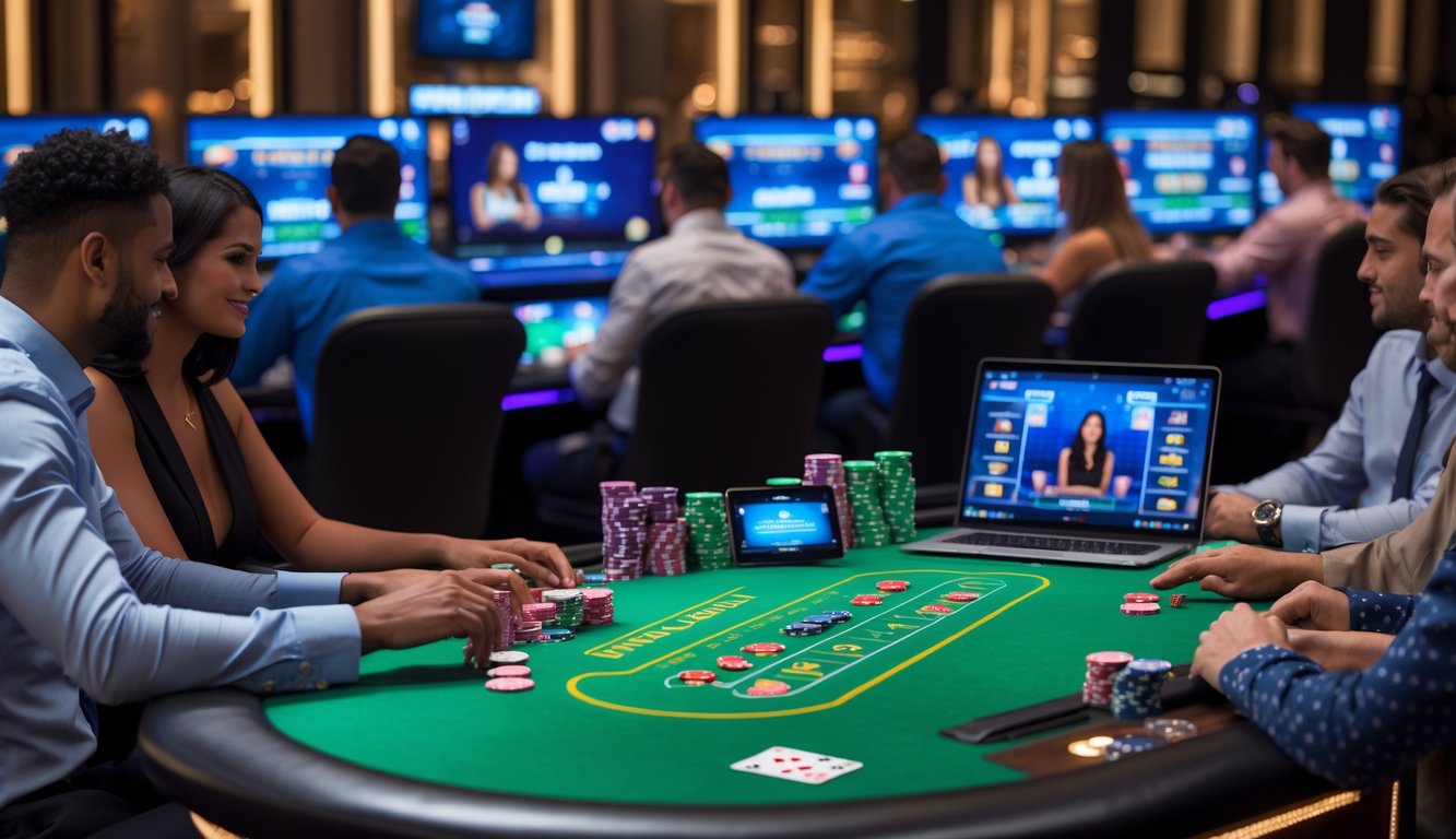 Suasana permainan kasino online langsung dengan pemain menggunakan laptop dan ponsel di meja kasino modern.