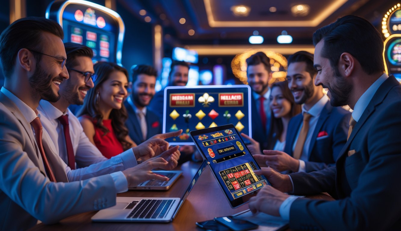 Orang-orang yang bersemangat menggunakan perangkat digital untuk bermain permainan kasino online dalam suasana yang cerah dan menarik.