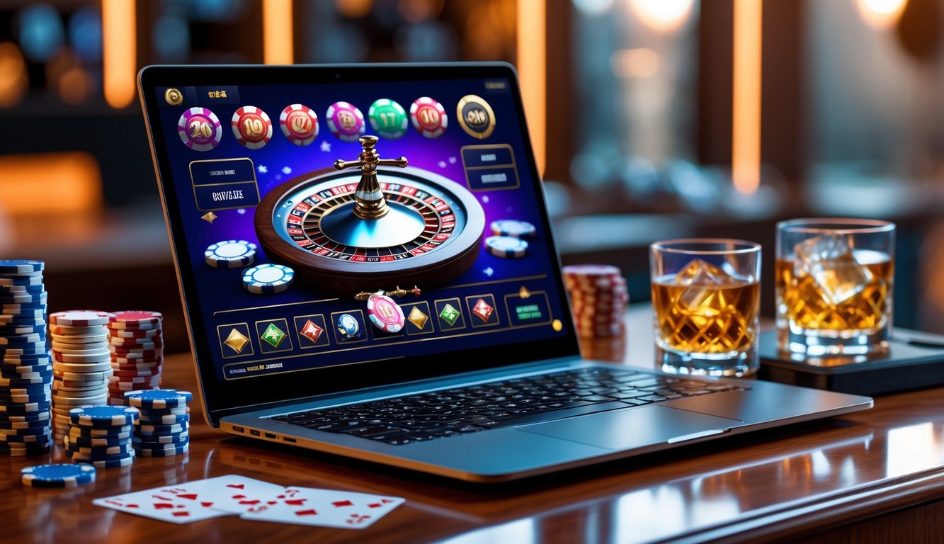Meja dengan komputer yang menampilkan permainan kasino langsung, dikelilingi oleh chip poker, kartu remi, dan gelas minuman, dalam suasana nyaman dan mewah.