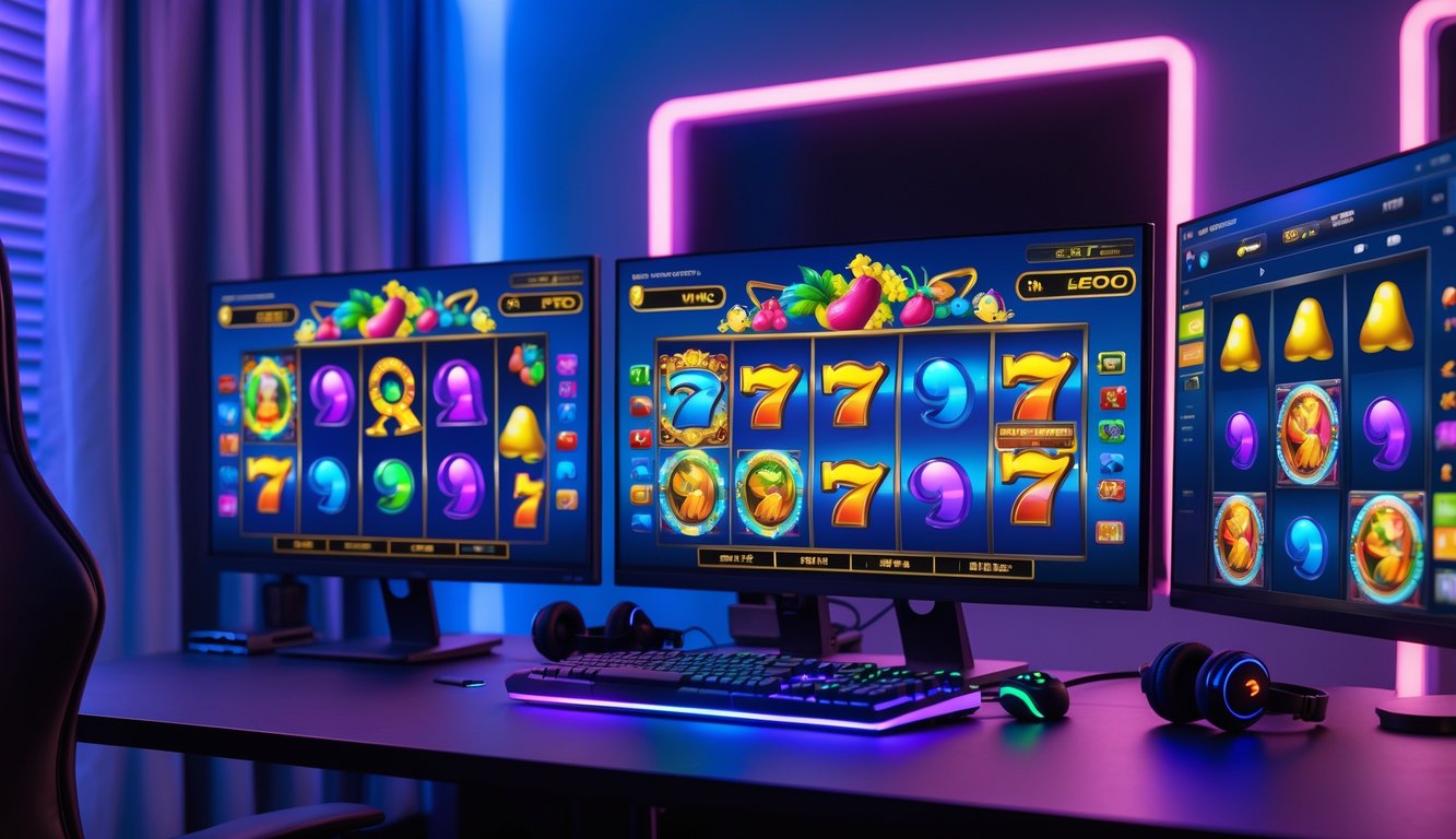 Sebuah ruangan modern dengan komputer yang menampilkan permainan slot online berwarna-warni dan suasana yang nyaman.