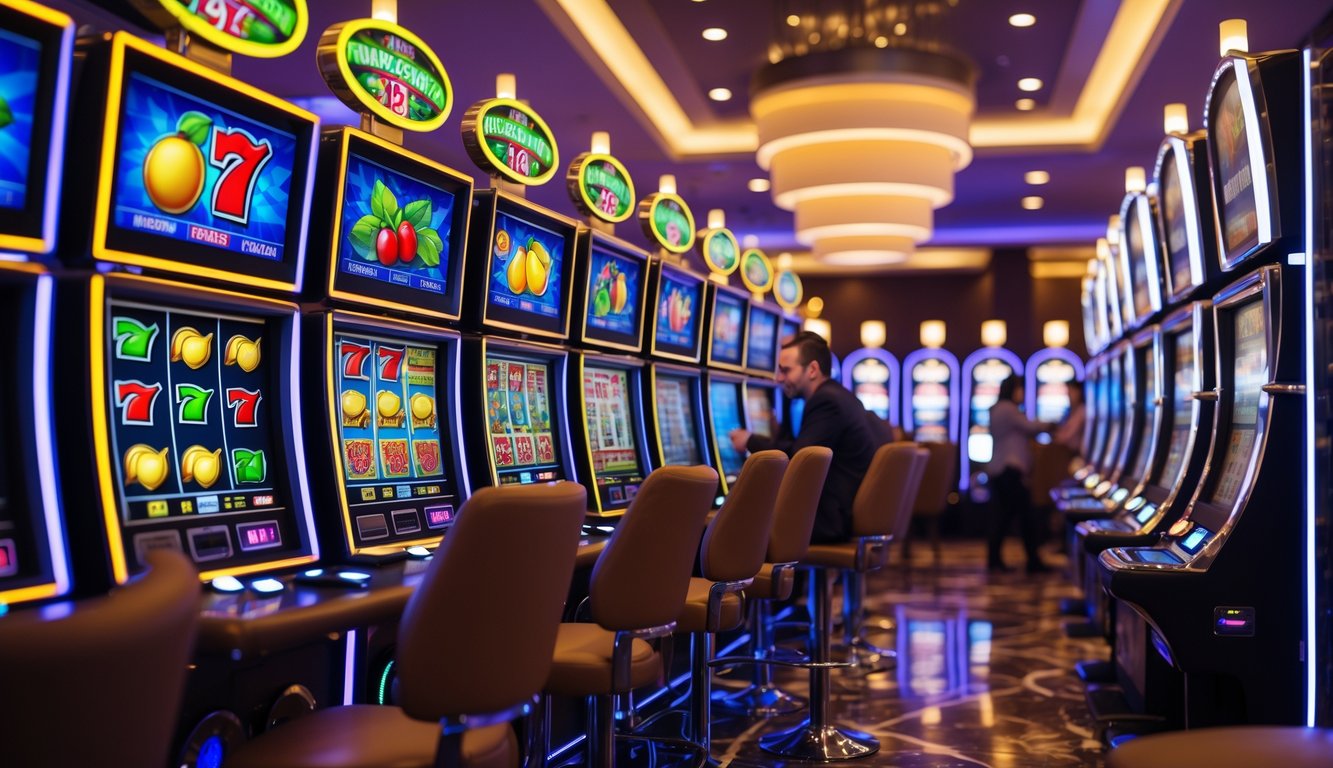 Area mesin slot kasino modern dengan beberapa orang sedang bermain dan mesin slot berwarna-warni yang berputar.