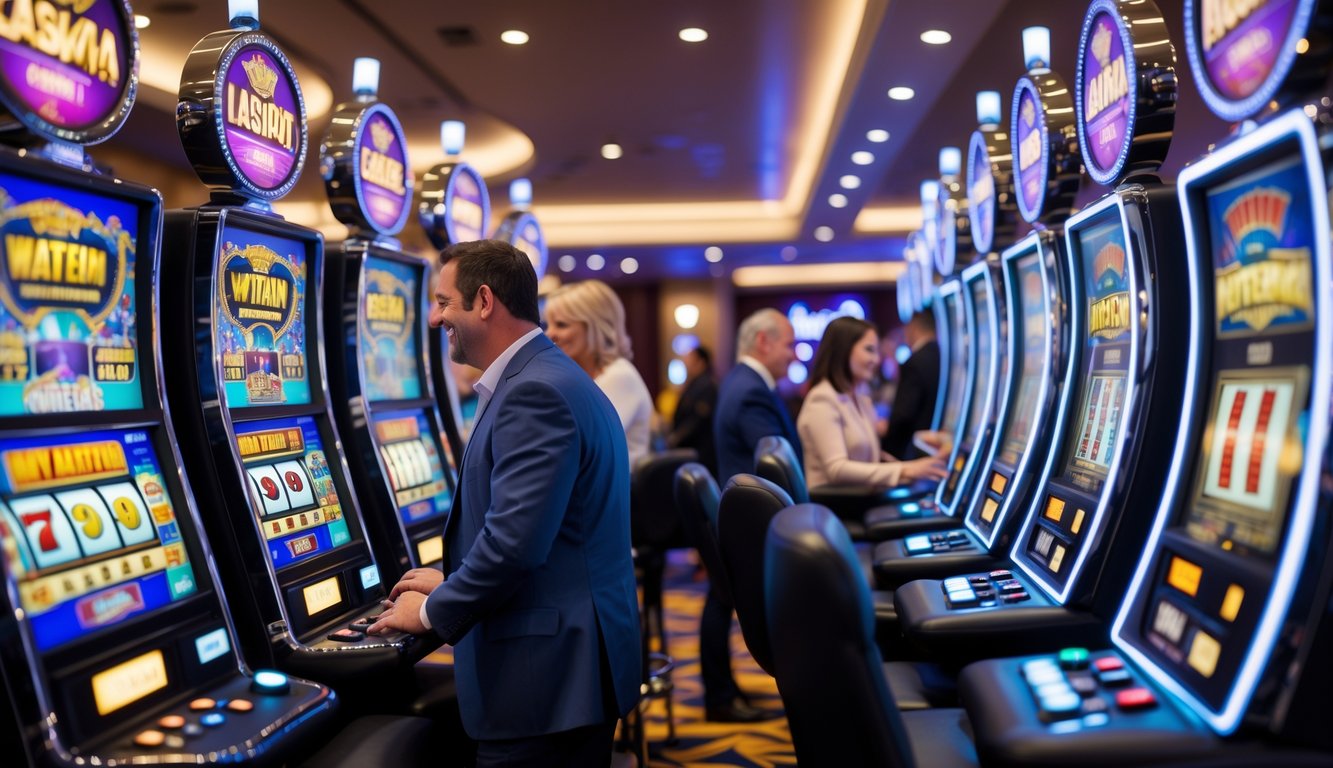 Orang dewasa bermain mesin slot berwarna cerah di dalam kasino modern yang terang dan rapi.