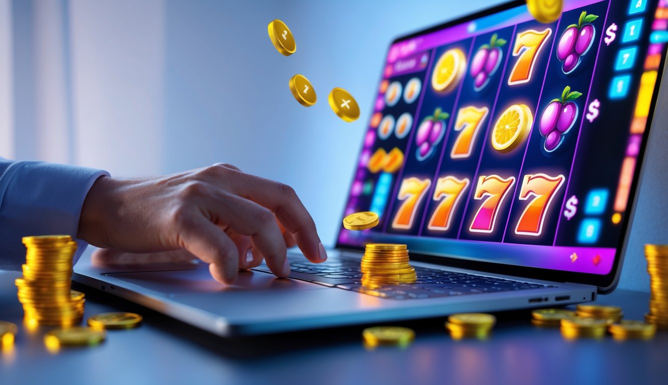 Seseorang menggunakan komputer dengan permainan slot online yang menampilkan gulungan berwarna-warni dan koin di sekitar perangkat.