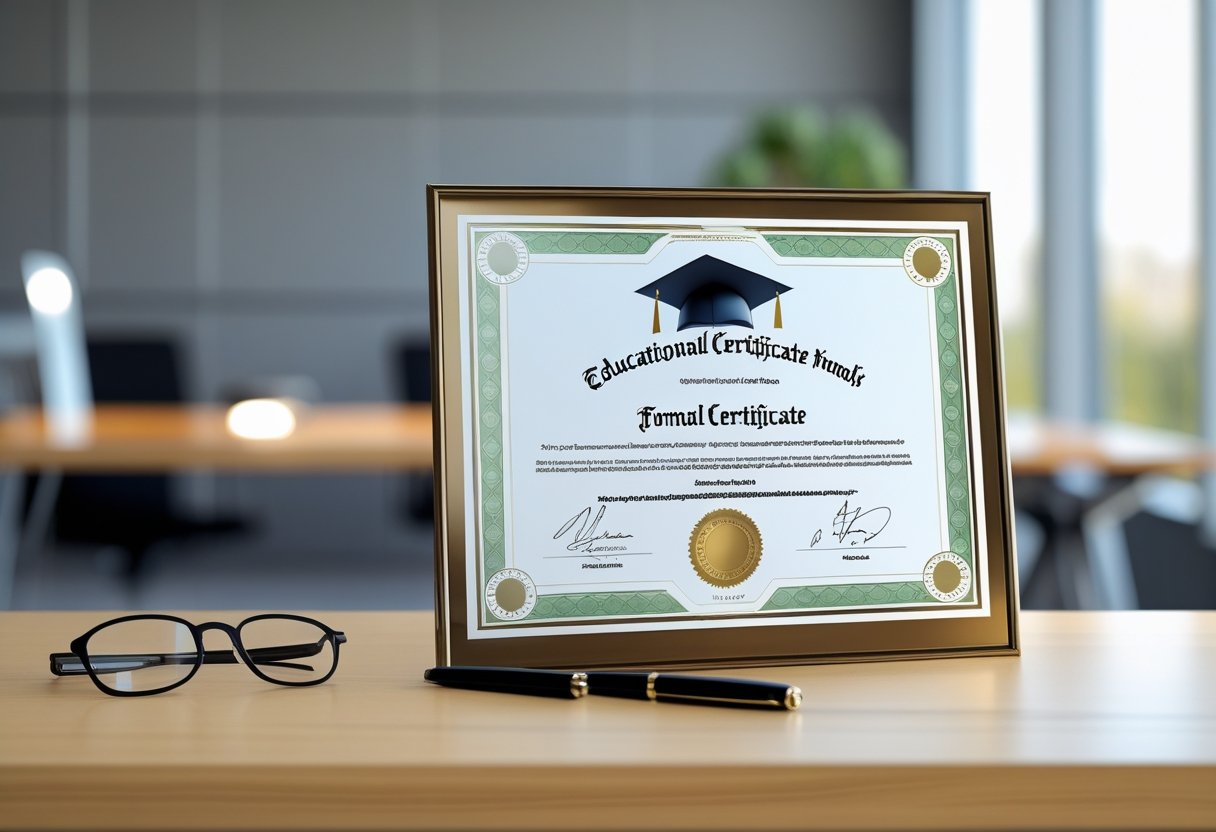 یک مدرک تحصیلی رسمی روی یک میز چوبی با قلم و عینک مطالعه کنار آن قرار دارد، پس‌زمینه دفتر کاری مدرن دیده می‌شود.