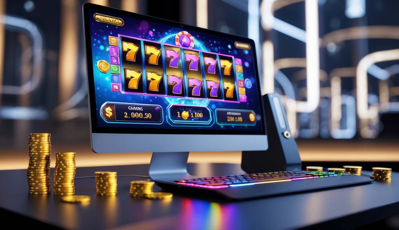 Sebuah meja komputer modern dengan layar menampilkan permainan mesin slot online yang berwarna-warni dan suasana yang nyaman.