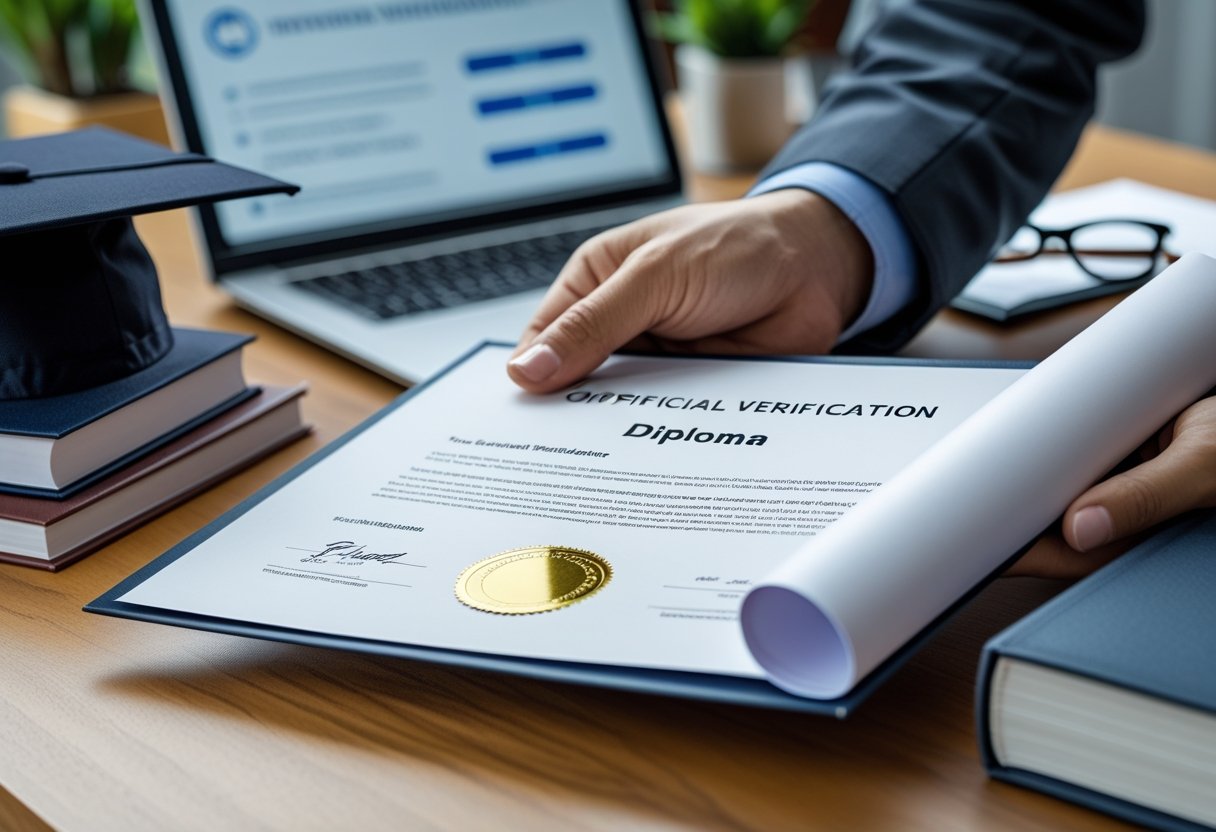 دستی که یک مدرک تحصیلی رسمی را در دست دارد و لپ‌تاپی در پس‌زمینه با صفحه تأیید رسمی دیده می‌شود، همراه با کلاه فارغ‌التحصیلی و کتاب‌ها روی میز.