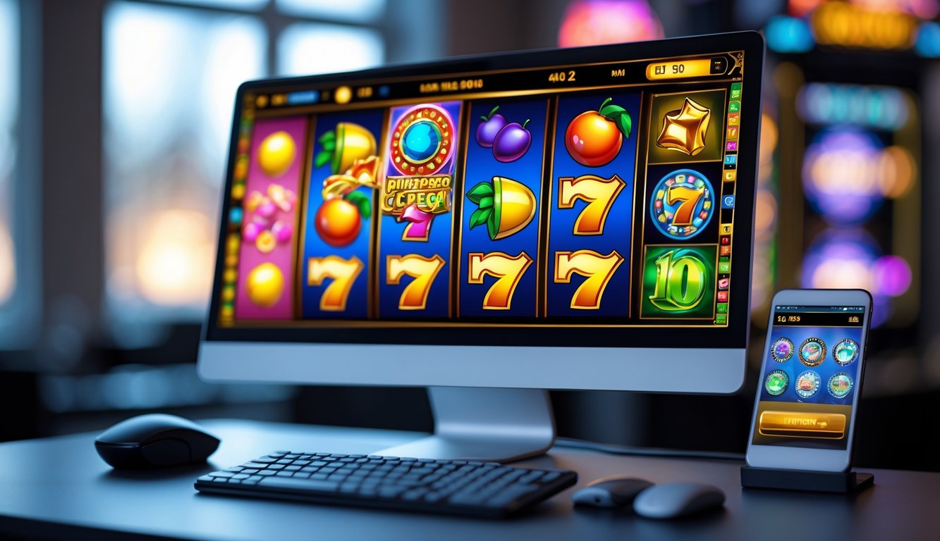 Sebuah meja kerja modern dengan layar komputer menampilkan permainan mesin slot online yang berwarna-warni dan menarik.