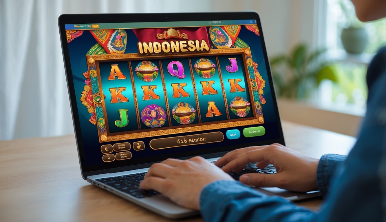 Seseorang menggunakan komputer dengan permainan mesin slot bertema Indonesia di layar, di ruang yang terang dan rapi.