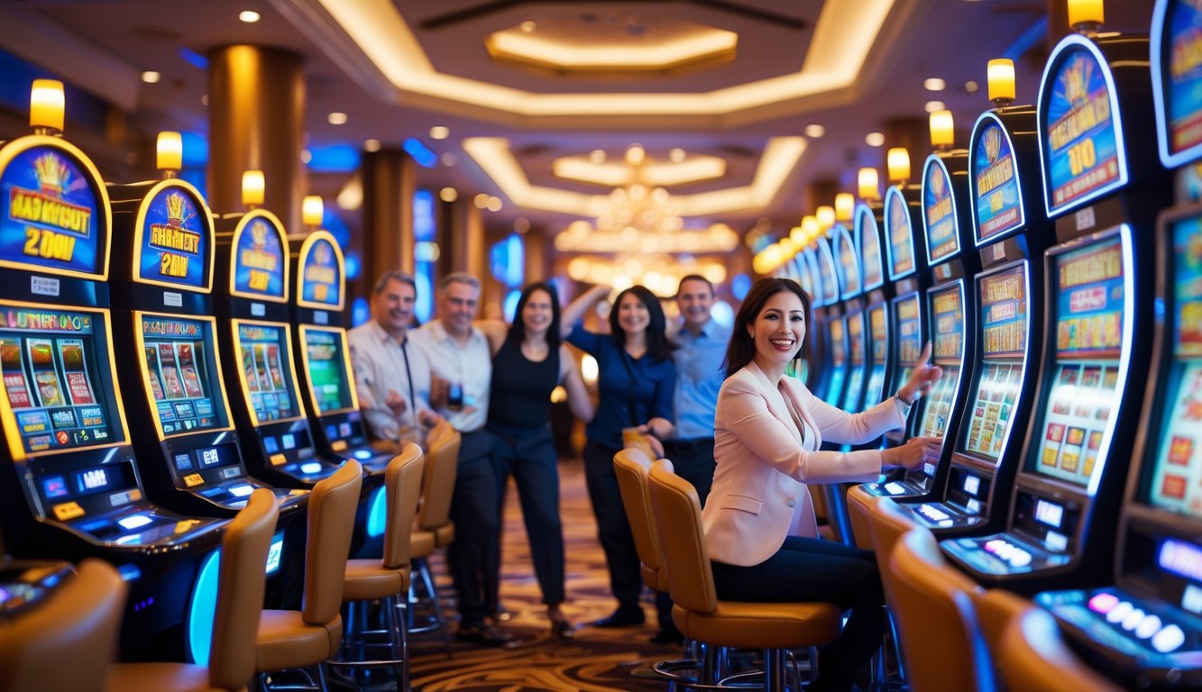 Orang-orang bermain mesin slot di kasino yang terang dan ramai dengan lampu berwarna-warni dan suasana penuh kegembiraan.
