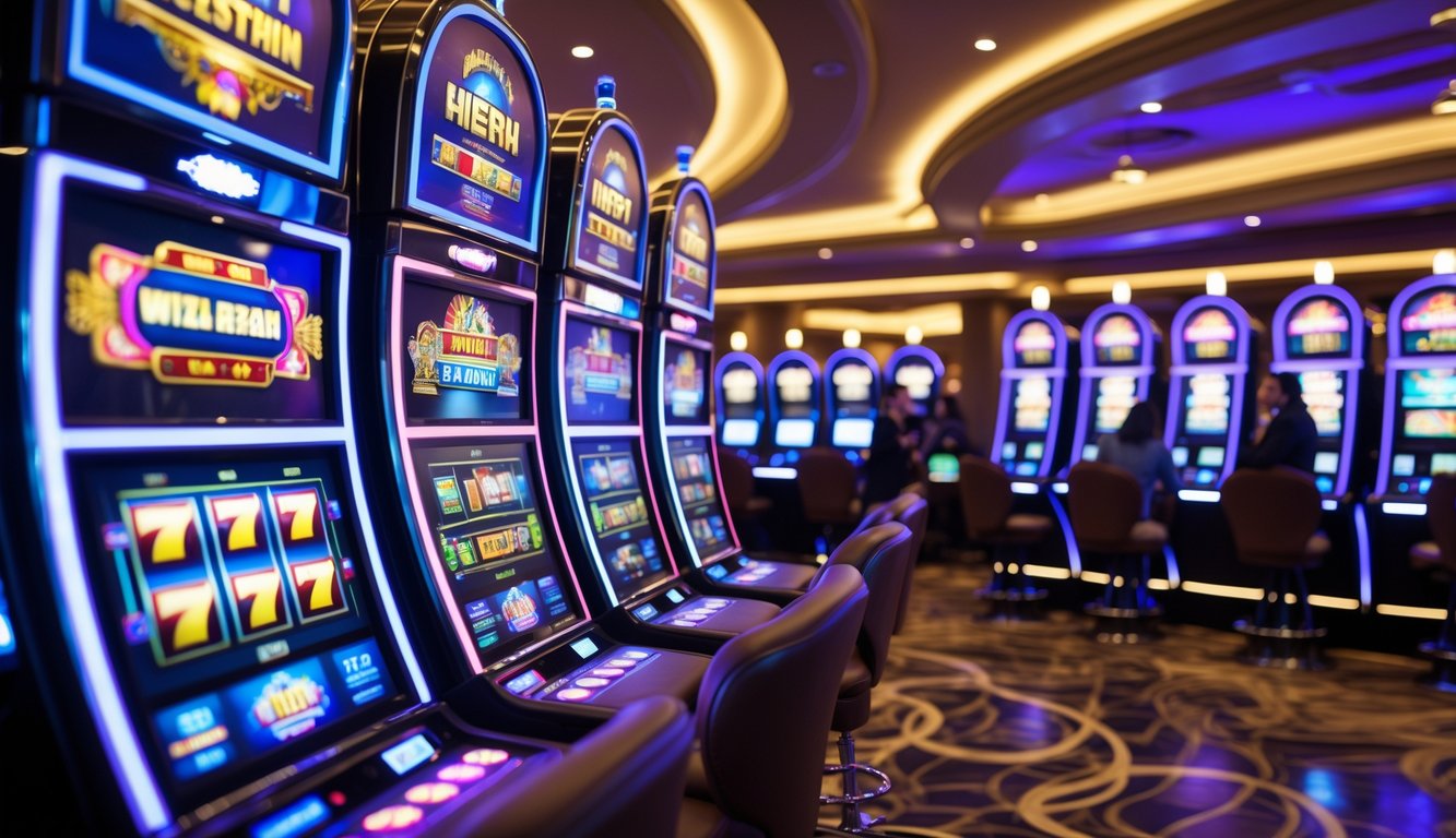Area mesin slot di kasino modern dengan mesin yang menyala dan beberapa pemain sedang bermain.