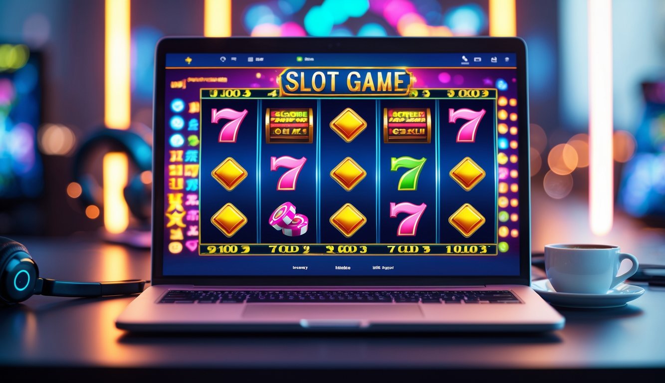 Seorang pengguna duduk di depan komputer dengan layar yang menampilkan permainan mesin slot berwarna-warni.