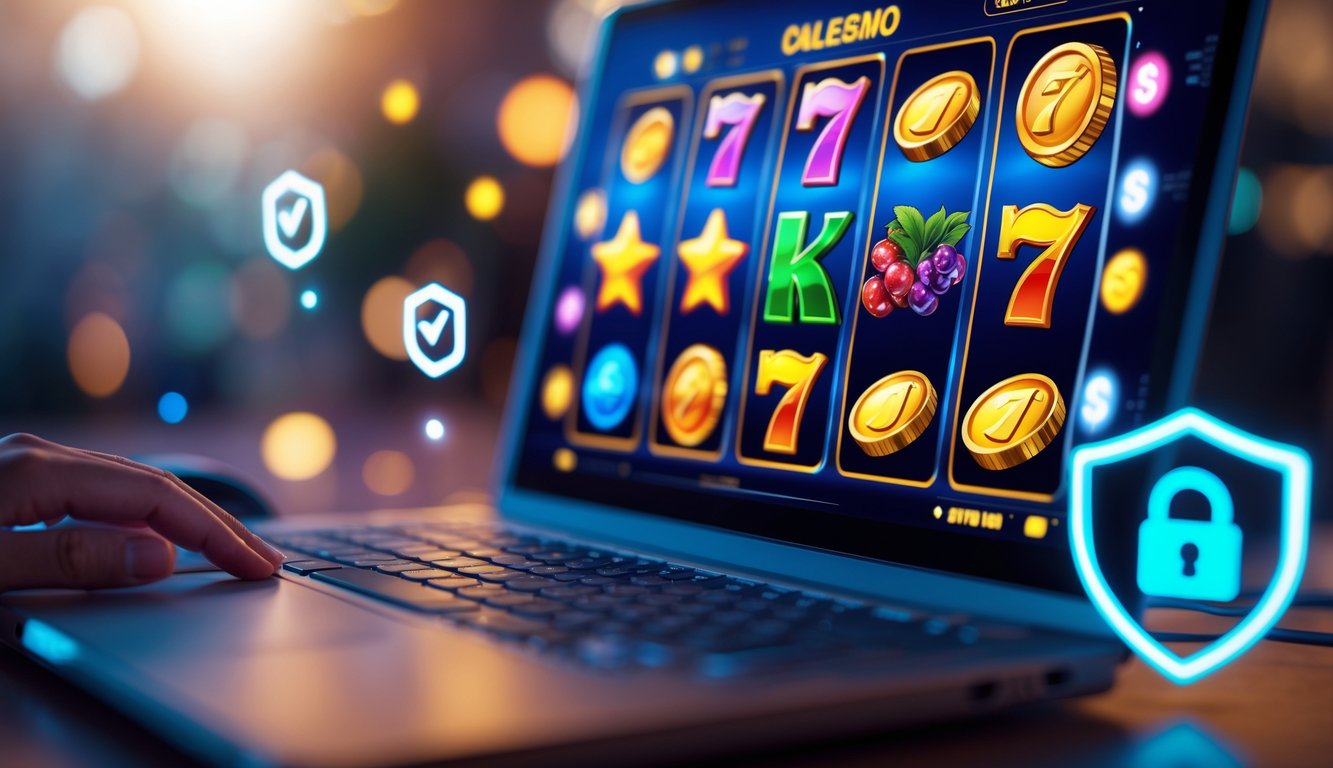 Layar komputer menampilkan permainan mesin slot online dengan simbol warna-warni, dikelilingi ikon keamanan seperti gembok dan tanda centang.