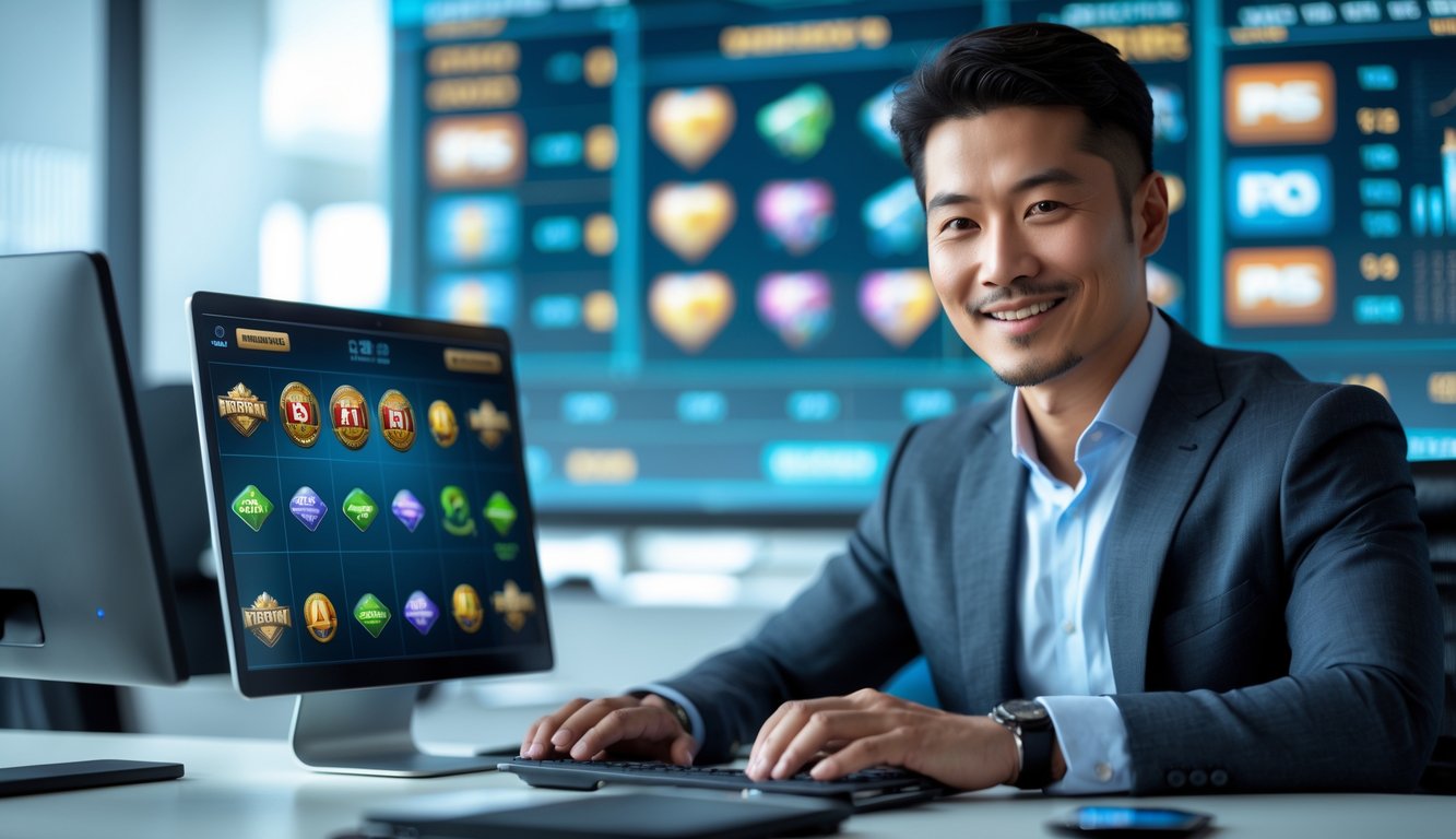 Seorang pria Asia duduk di meja kantor modern menggunakan laptop dengan ikon permainan slot di layar, terlihat percaya diri dan profesional.