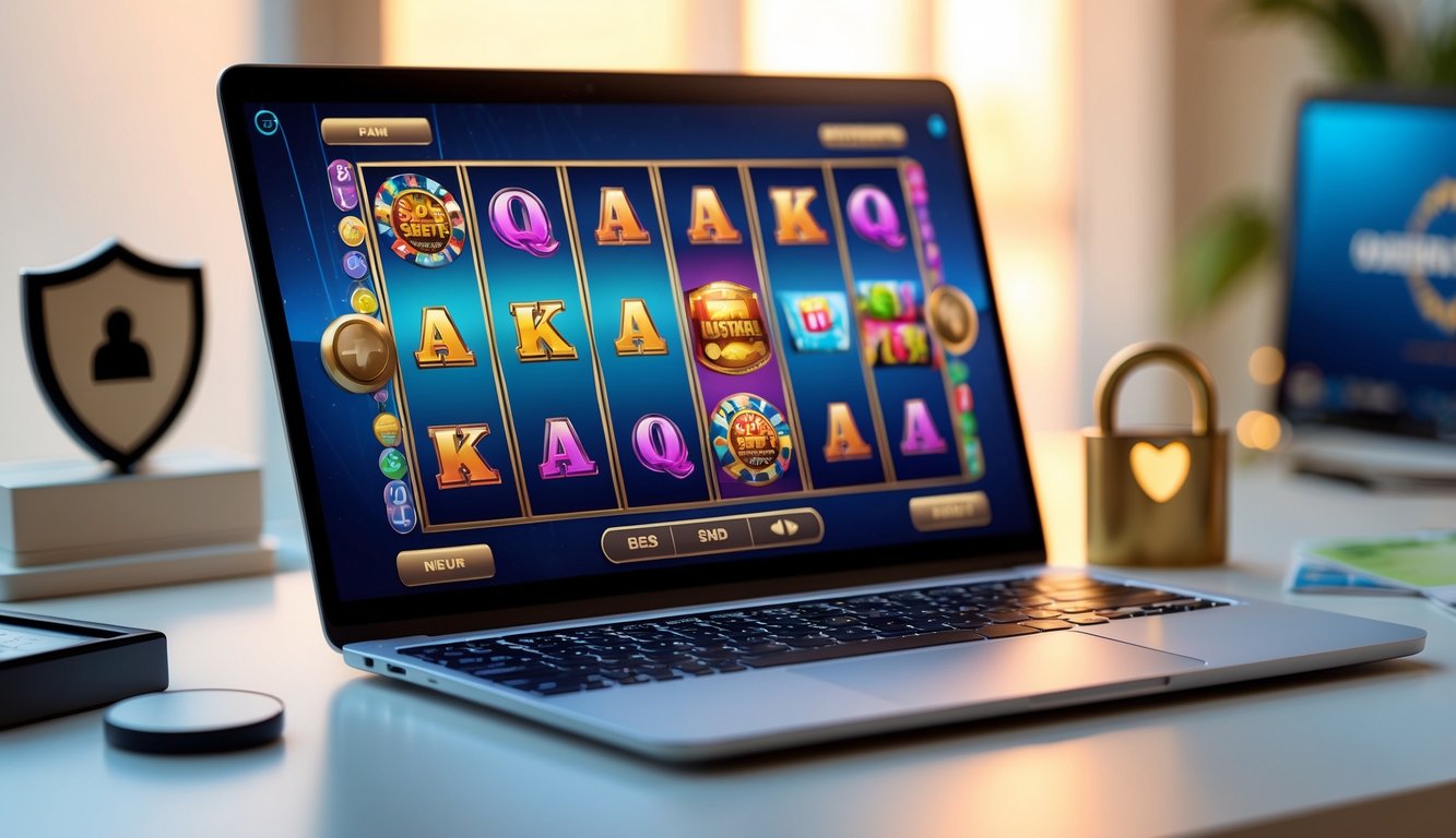 Seorang laptop modern menampilkan permainan slot online dengan simbol warna-warni di atas meja yang rapi, dengan ikon keamanan terlihat di sekitar laptop.