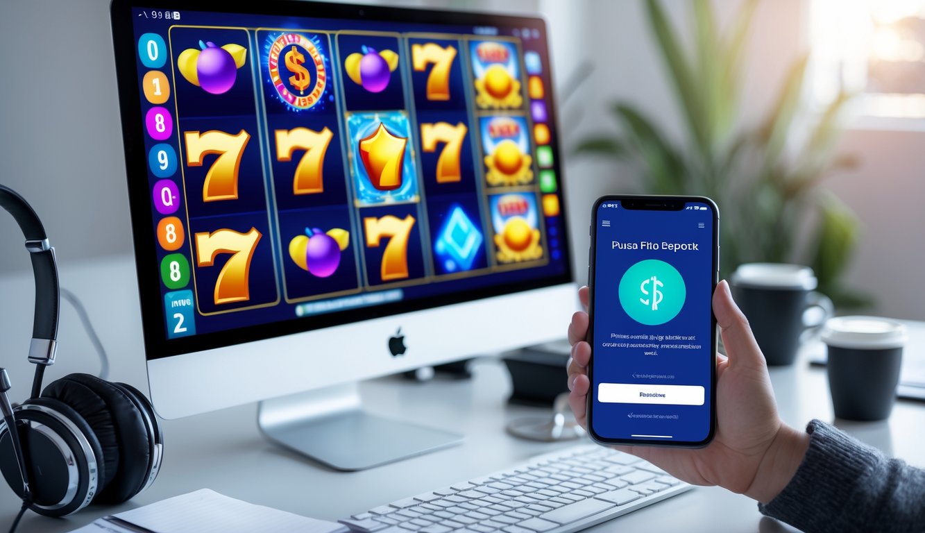 Seorang pengguna sedang bermain mesin slot online di komputer dengan ponsel yang menunjukkan pembayaran pulsa tanpa potongan di meja kerja.
