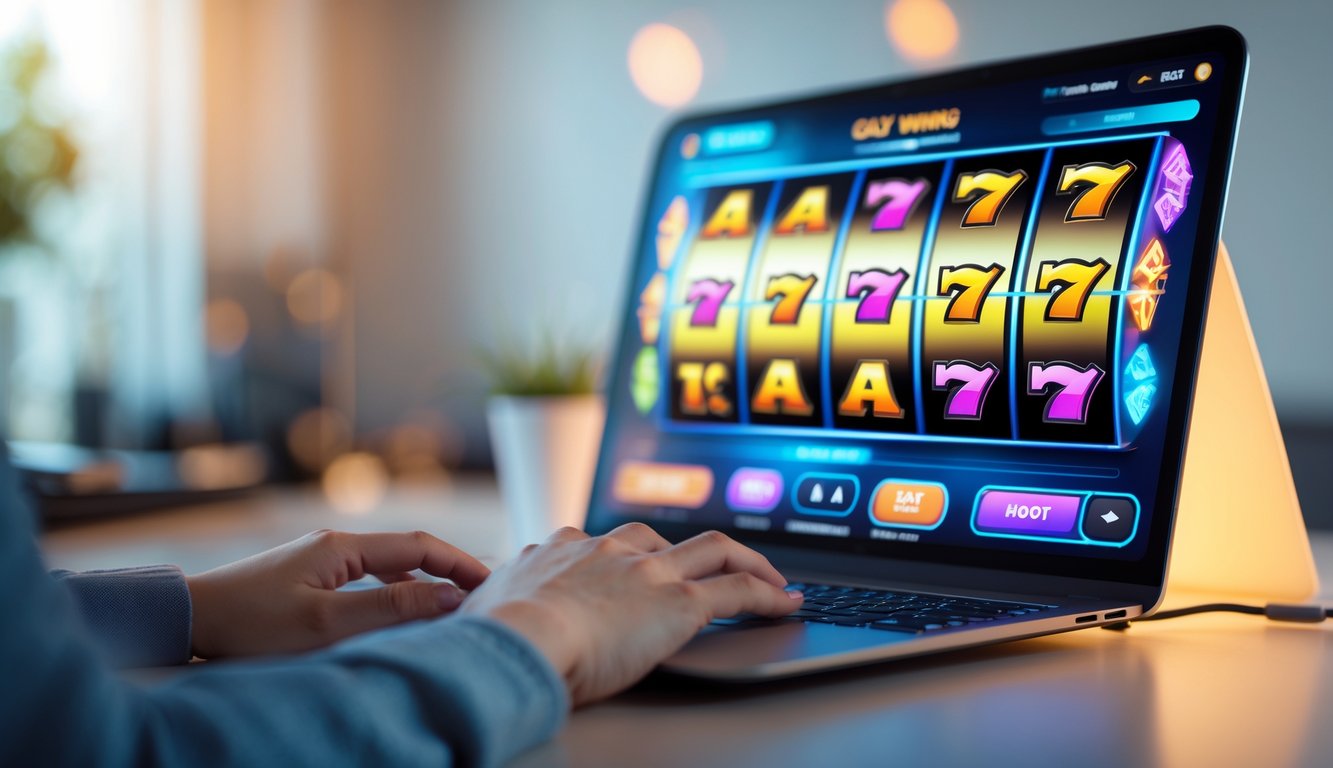 Seseorang bermain permainan slot online di komputer dengan tampilan layar mesin slot yang berwarna-warni dan simbol kemenangan.