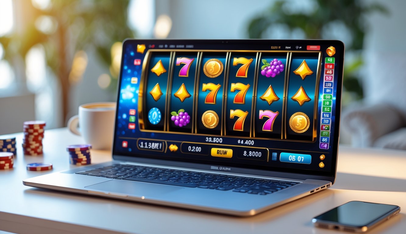 Seorang pengguna bermain mesin slot online di komputer dengan simbol berwarna-warni dan chip poker di meja.
