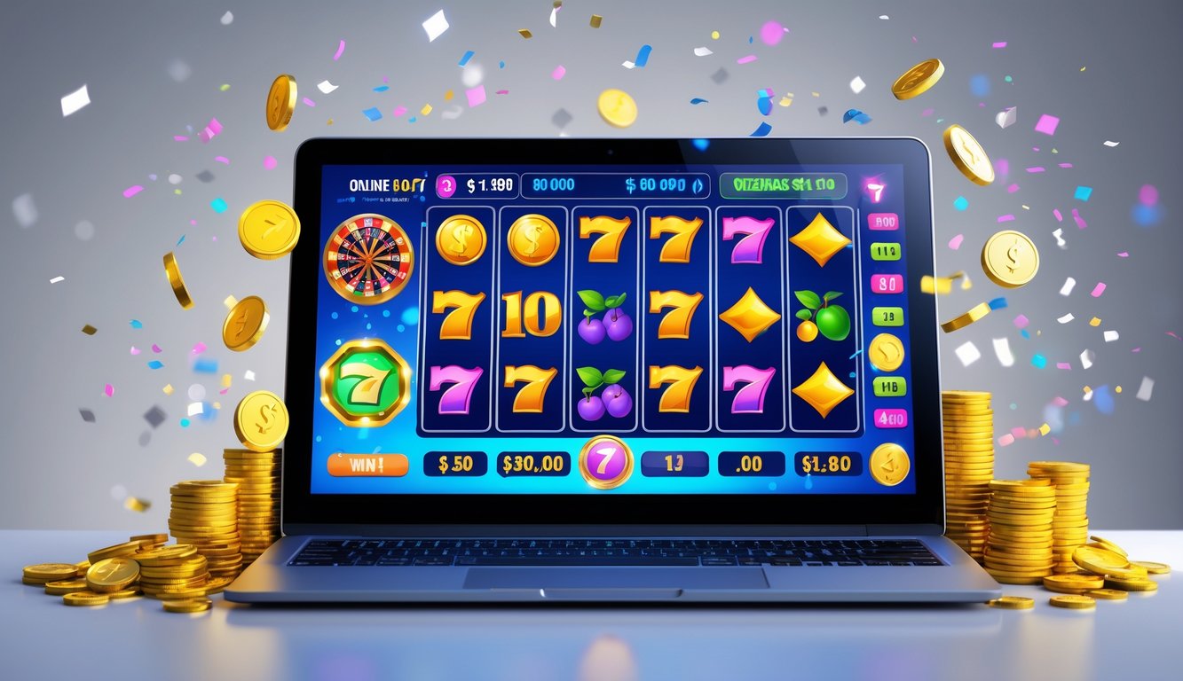 Layar komputer menampilkan permainan slot online dengan simbol warna-warni dan koin yang berserakan di sekitarnya, menunjukkan suasana kemenangan dan kepercayaan.