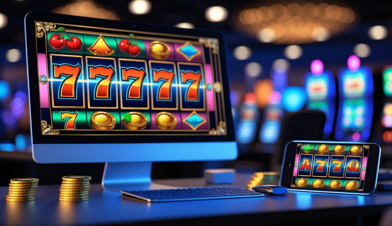 Seorang pria menggunakan komputer dan ponsel untuk bermain permainan slot online di meja kerja yang rapi.