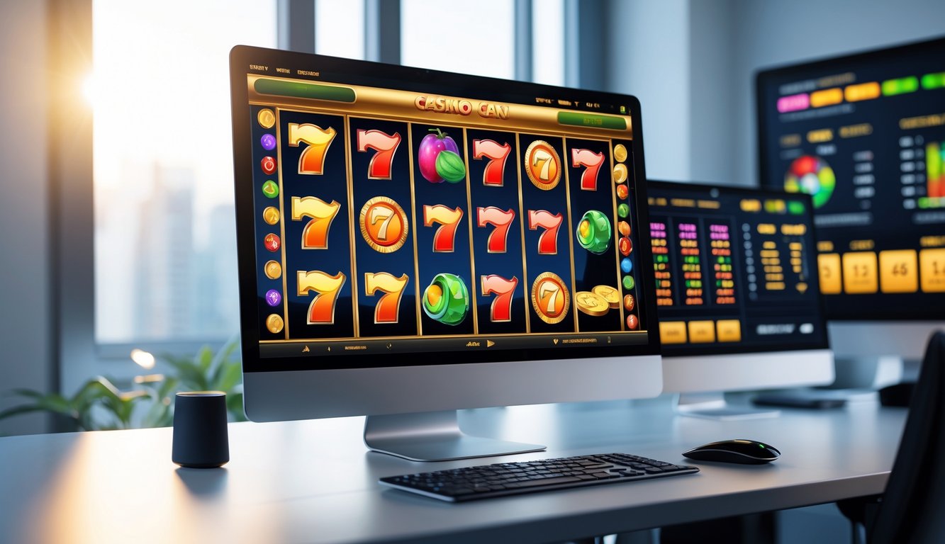 Antarmuka kasino online modern dengan layar komputer menampilkan mesin slot berwarna-warni di sebuah meja kerja yang rapi.