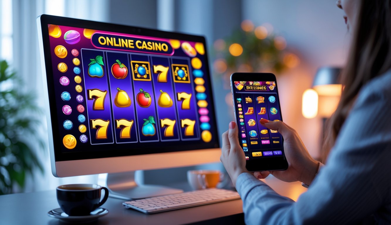 Seseorang menggunakan perangkat digital untuk bermain permainan slot online di lingkungan rumah yang nyaman.