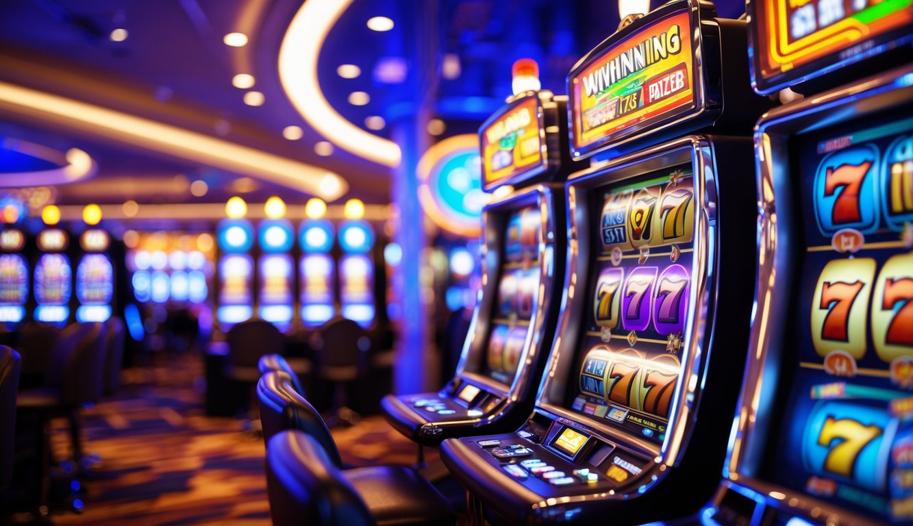 Mesin slot modern dengan lampu warna-warni menyala di dalam kasino yang mewah dan bersih.