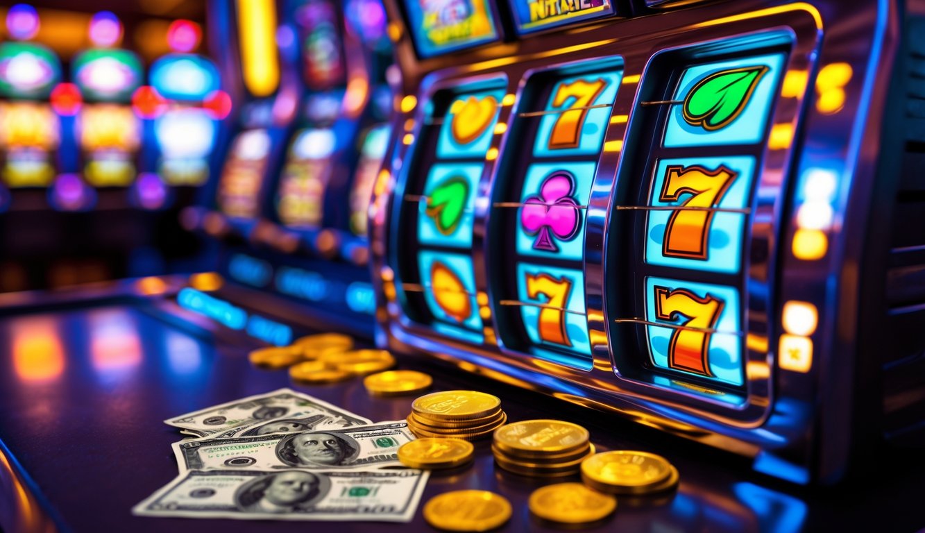 Mesin slot kasino dengan uang asli di sekitarnya, menampilkan koin dan uang kertas di depan mesin.