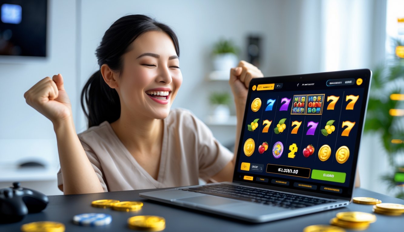 Seseorang bermain slot online dengan ekspresi senang di depan laptop di ruang kerja yang rapi.