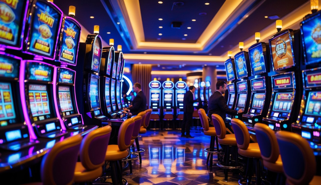 Area mesin slot kasino modern dengan lampu warna-warni dan beberapa pemain yang sedang bermain.