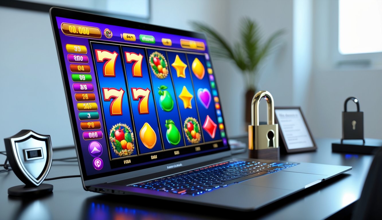 Sebuah meja kerja modern dengan komputer yang menampilkan permainan slot online berwarna-warni dan simbol keamanan seperti ikon perisai dan gembok di sekitarnya.