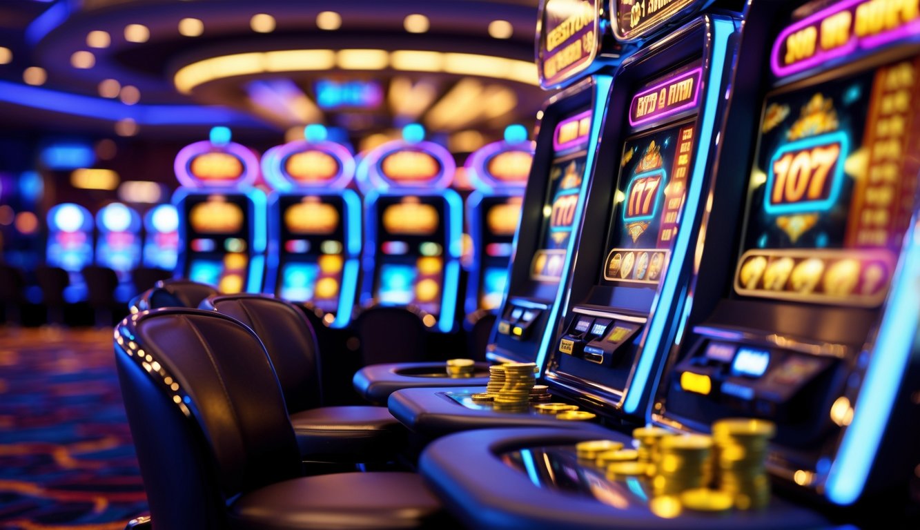 Mesin slot modern dengan lampu warna-warni dan koin emas di sekitarnya di dalam kasino.