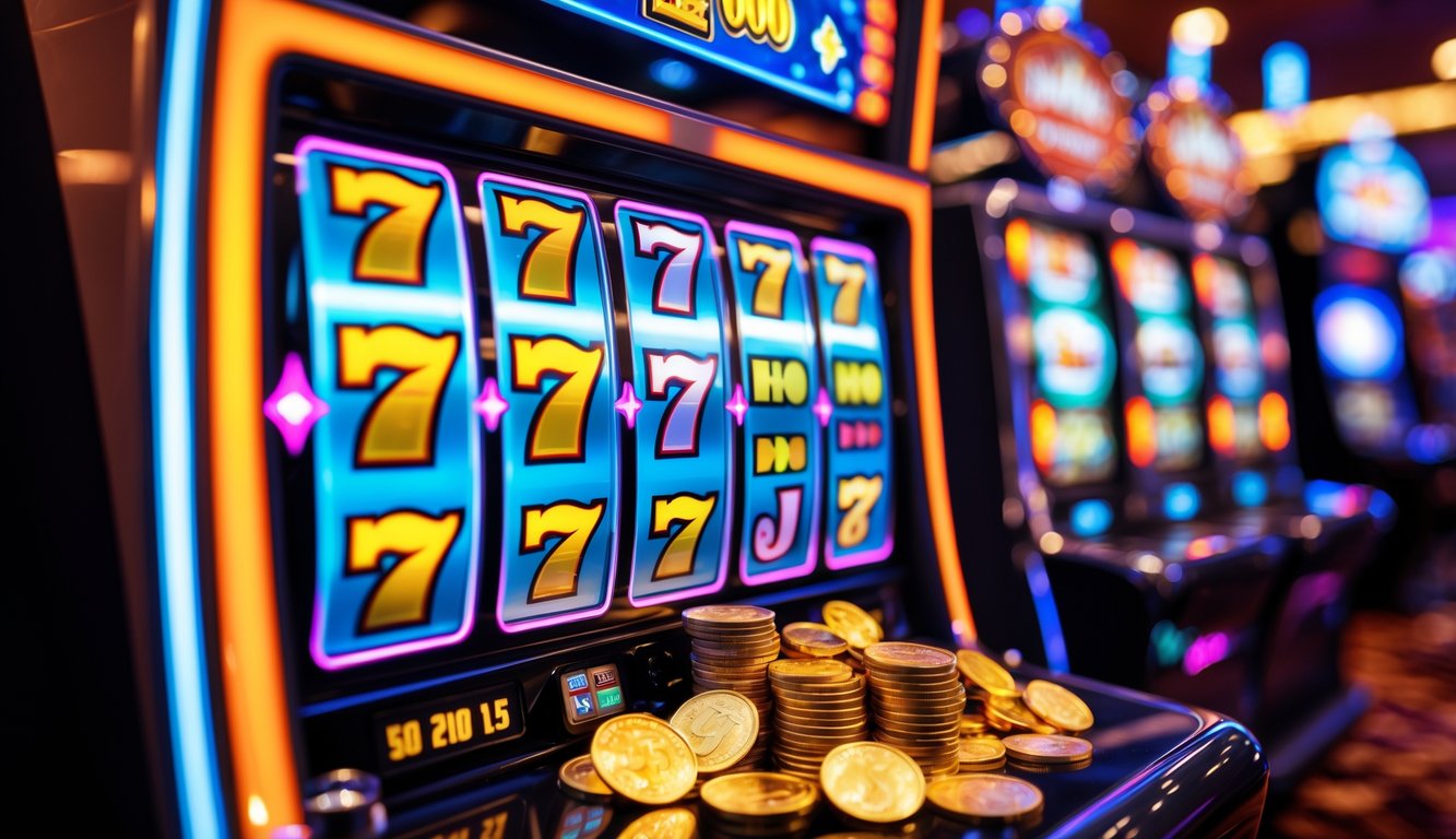 Mesin slot modern dengan koin emas tumpah menandakan jackpot besar di kasino.