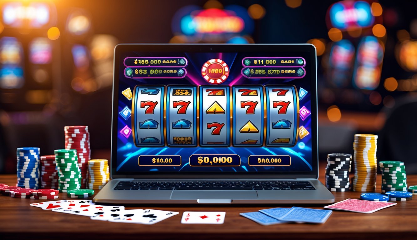 Seorang laptop di atas meja kayu dengan tampilan permainan mesin slot berwarna-warni, dikelilingi oleh chip poker dan kartu remi.