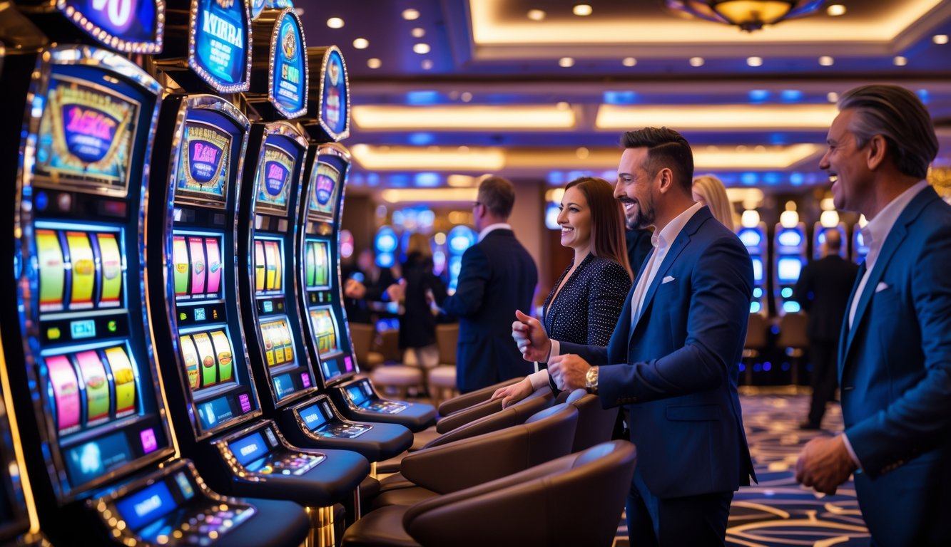Orang-orang bermain mesin slot di dalam kasino modern yang mewah dengan pencahayaan cerah dan suasana yang hidup.