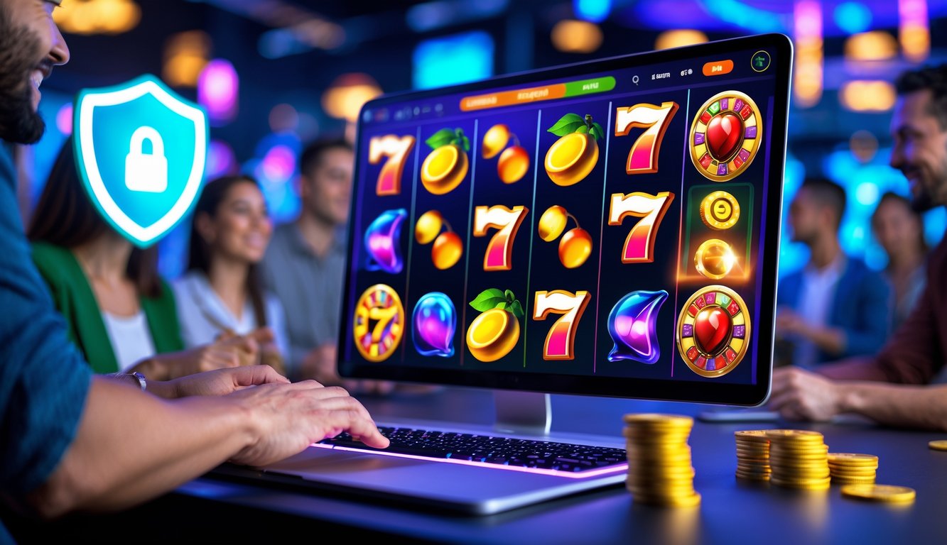 Layar komputer menampilkan permainan slot online dengan simbol warna-warni dan latar belakang bertema kasino yang cerah dan modern.