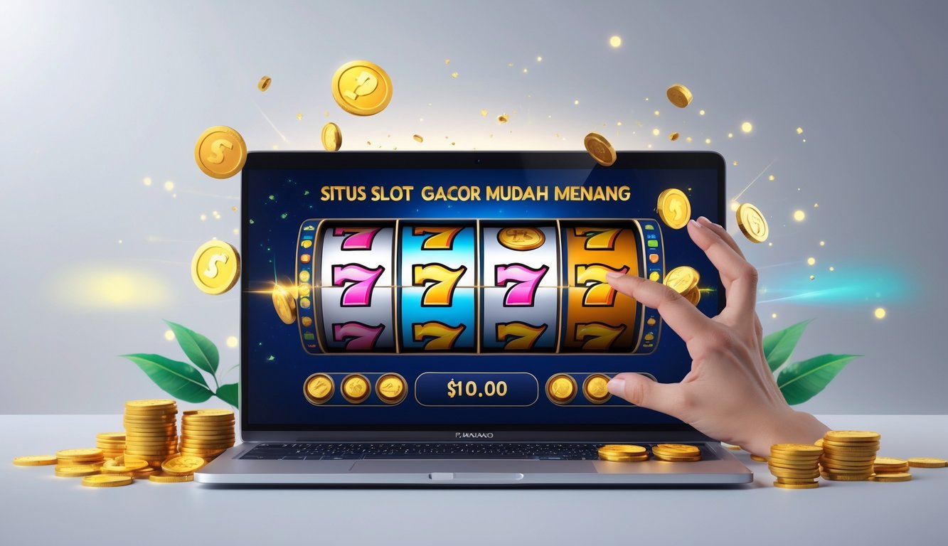 Seorang pemain dewasa sedang menggunakan komputer dengan layar menampilkan permainan mesin slot berwarna cerah dan koin emas di sekitarnya.