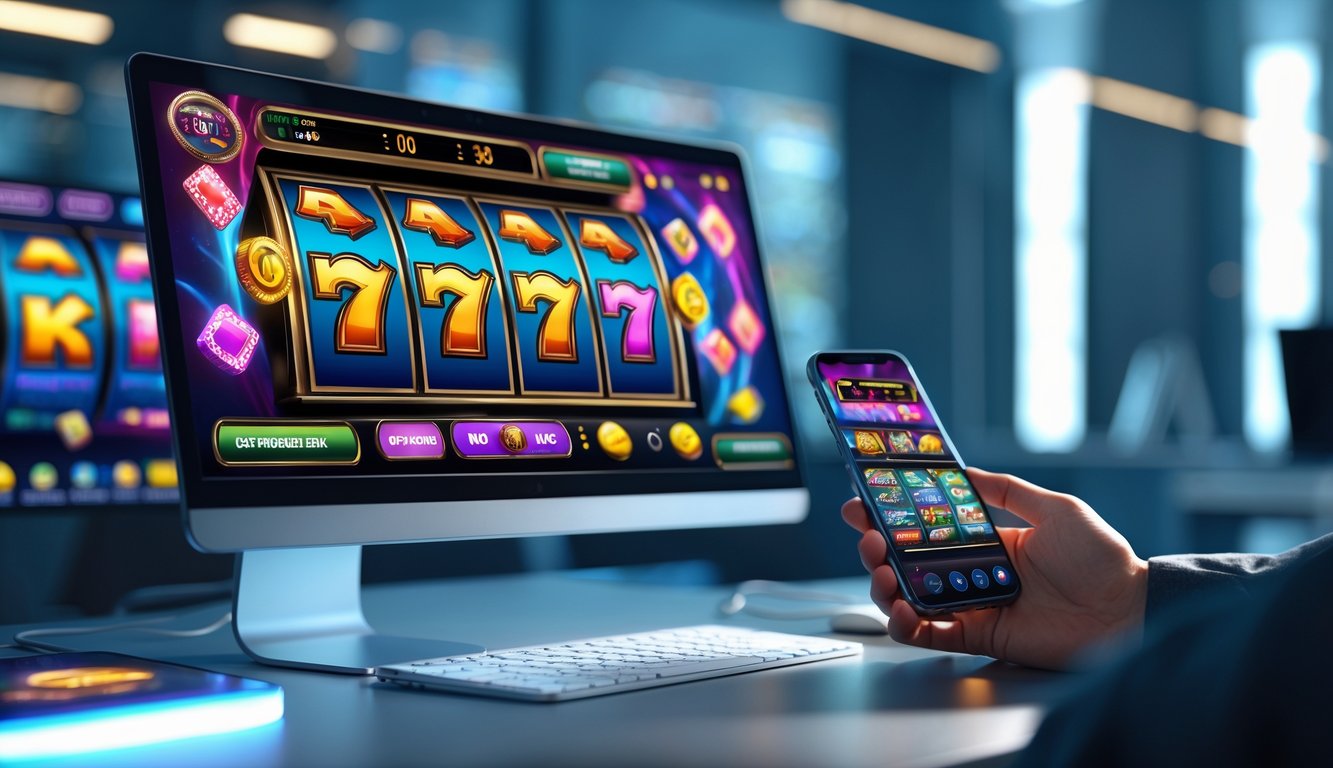 Seseorang menggunakan ponsel dan komputer dengan tampilan permainan slot online di meja kerja yang rapi.