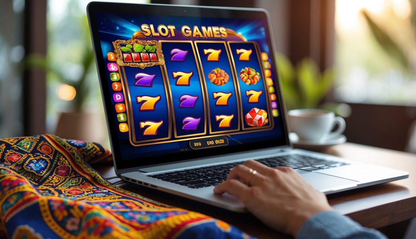 Layar komputer menampilkan permainan slot dengan simbol warna-warni, di atas meja dengan elemen budaya Indonesia seperti kain batik dan cangkir kopi.