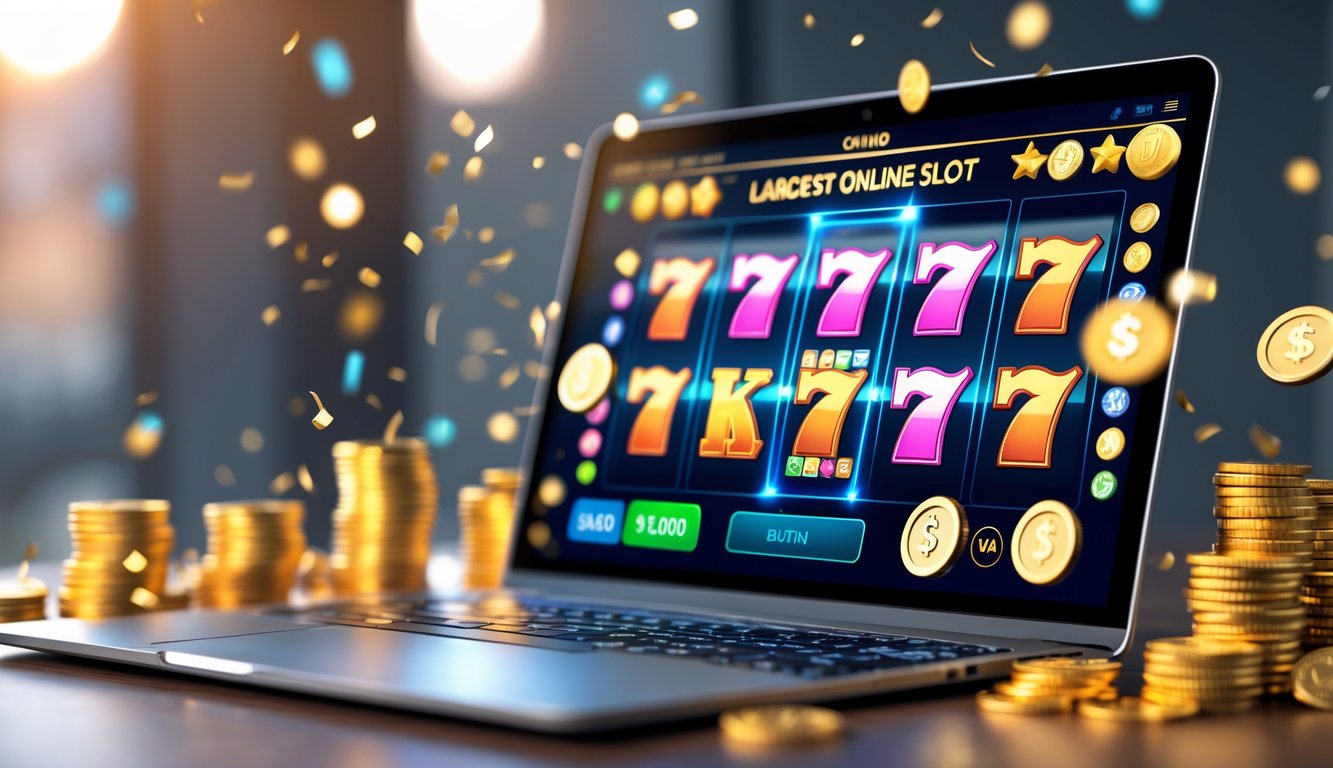 Seseorang sedang bermain mesin slot online dengan layar komputer menampilkan kemenangan jackpot besar.