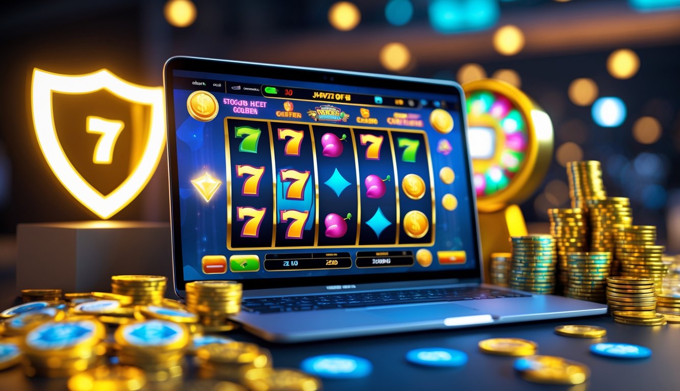 Layar komputer menampilkan permainan slot dengan simbol warna-warni dan tumpukan koin emas di sekitarnya.