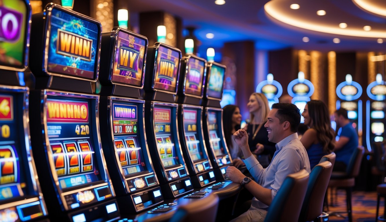 Area mesin slot kasino modern dengan beberapa orang bermain dan suasana yang ramai.