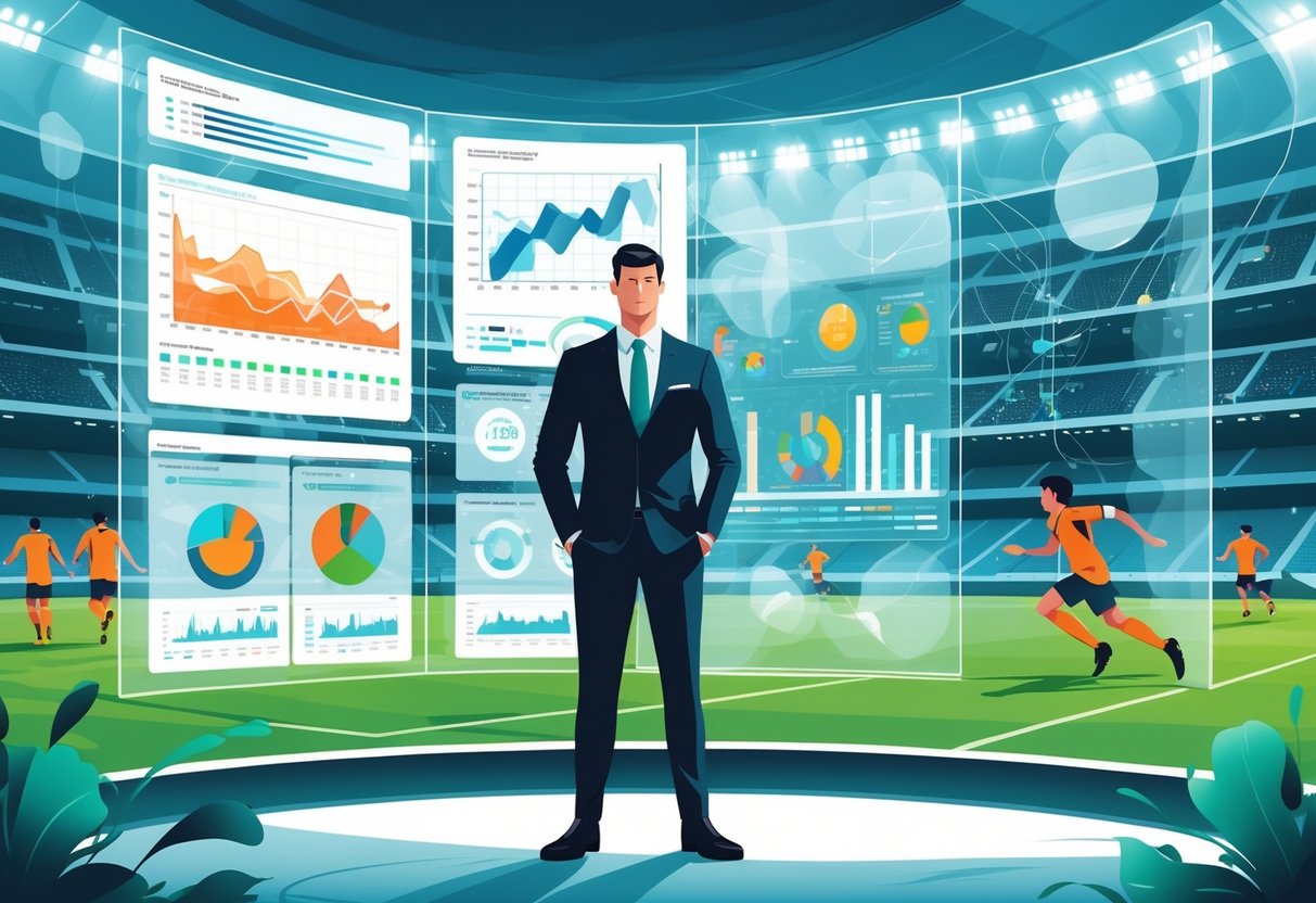 Seorang analis berdiri di depan papan digital besar dengan grafik dan data sepak bola, latar belakang stadion sepak bola dengan pemain yang sedang bergerak.