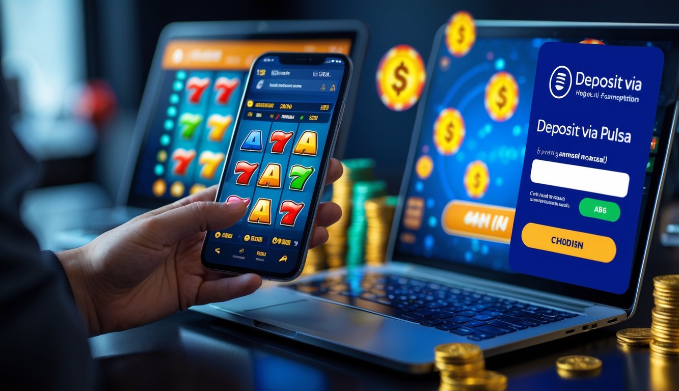 Seseorang menggunakan ponsel untuk bermain game slot online dengan laptop yang menunjukkan transaksi pembayaran menggunakan pulsa.