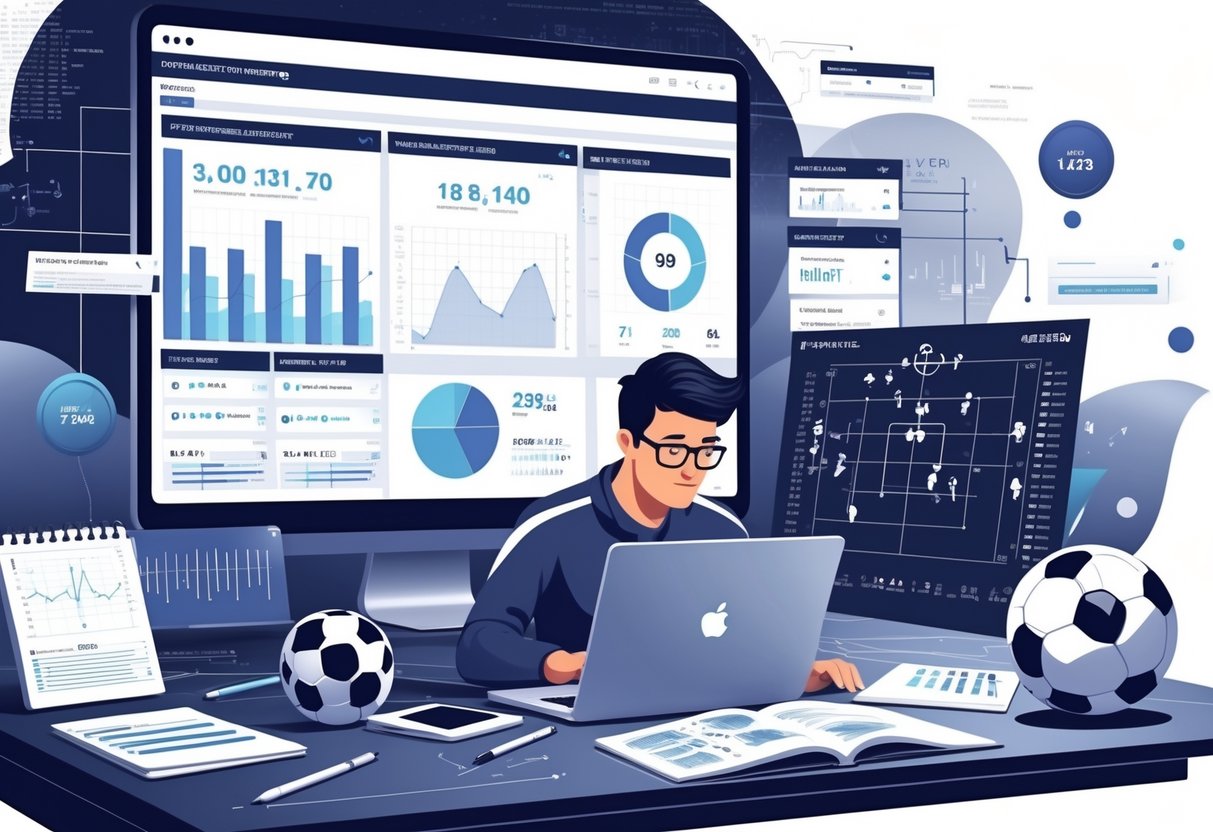 Seorang analis sepak bola sedang mempelajari data dan grafik prediksi di depan layar digital dengan bola sepak dan papan taktik di sekitarnya.